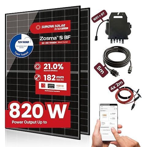 Balkonkraftwerk 820 Watt Komplettset mit 2x 410 Watt SUNOVA Markenmodulen und APS Wechselrichter, WIFI Funktion, 5m AC Kabel mit Schutzkontaktstecker, 4x 2m DC Kabel