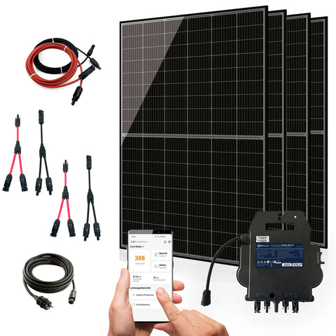 Balkonkraftwerk 1720W Komplettset mit 4 x 430W Bifalzial Module Glas-Glas der Marke Sunova Solar, Steckdose, APsystems Wechselrichter, 5 Meter Schuko-, 4 x 2 Meter DC Kabel, ohne Halterung