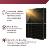 Balkonkraftwerk mit 1x410W Solarmodule der Marke Sunova Solar SS-410-54MDH, 800W Wechselrichter APsystems EZ1-M, 5m Schutzkontaktkabel, 2 x 2m DC Kabel, ohne Halterung