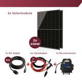 Balkonkraftwerk mit 1x410W Solarmodule der Marke Sunova Solar SS-410-54MDH, 800W Wechselrichter APsystems EZ1-M, 5m Schutzkontaktkabel, 2 x 2m DC Kabel, ohne Halterung