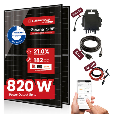Balkonkraftwerk mit 2x410W Solarmodule der Marke Sunova Solar SS-410-54MDH, 800W Wechselrichter APsystems EZ1-M, 5m Schutzkontaktkabel, 4 x 2m DC Kabel, ohne Halterung