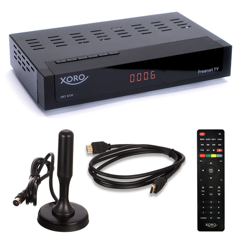 XORO HRT 8730 DVB-T2 HD Receiver mit Antenne HAN 100 und HDMI-Kabel - inklusive 6 Monate freenet TV