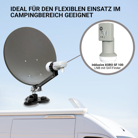 XORO 38,5 cm Camping Satellitenantenne MCA 38 Set, inkl. Single LNB mit integriertem Satfinder, 10m Kabel, Halterungen, im Hartschalenkoffer