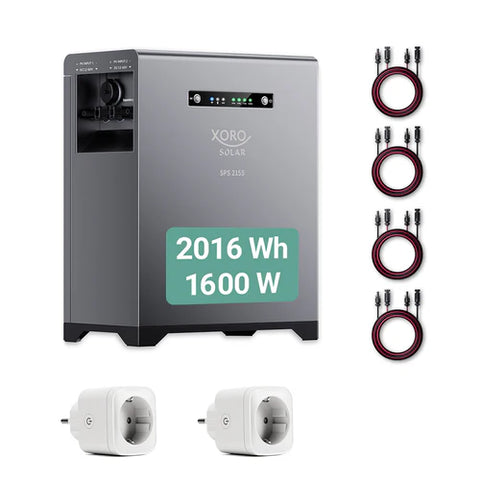 XORO SOLAR SPS 2155 Balkonkraftwerkspeicher mit 2 kWh LiFePO4 Akku inkl. 2 Smart Plugs, Dual MPPT 2x800W Eingang, 800W Ausgang für den Innen- und Außenbereich IP65, Plug & Play