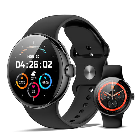 SmartWatch XINJI N2 mit Bluetooth, AMOLED Touchpanel, Puls-/HRV-/Blutsauerstoff-Messung, Schlafmonitor, Musikspeicher, Kalorien-/Schrittzähler, Benachrichtigungsfunktion, App, Wasserdicht, schwarz