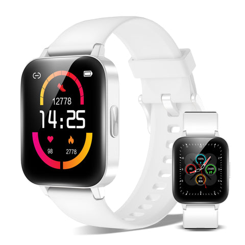 XINJI C1 White Smart-Uhr mit Bluetooth, Touchpanel, Puls-/Blutsauerstoff-Messung, Schlafmonitor, Kalorien-/Schrittzähler, Benachrichtigungsfunktion, App, 5ATM Wasserdicht