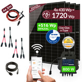 Balkonkraftwerk 1720W Komplettset mit 4 x 430W Bifalzial Module Glas-Glas der Marke Sunova Solar, Steckdose, APsystems Wechselrichter, 5 Meter Schuko-, 4 x 2 Meter DC Kabel, ohne Halterung