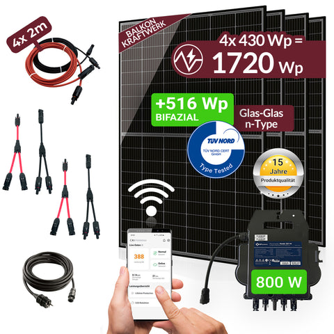 Balkonkraftwerk 1720W Komplettset mit 4 x 430W Bifalzial Module Glas-Glas der Marke Sunova Solar, Steckdose, APsystems Wechselrichter, 5 Meter Schuko-, 4 x 2 Meter DC Kabel, ohne Halterung