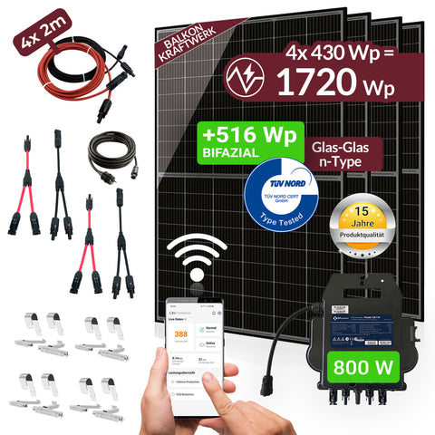 SUNOVA Solar Balkonkraftwerk 1720W mit 4×430W bifazialen Glas-Glas Modulen, APsystems EZ1-M Wechselrichter & PVH 50 Halterung
