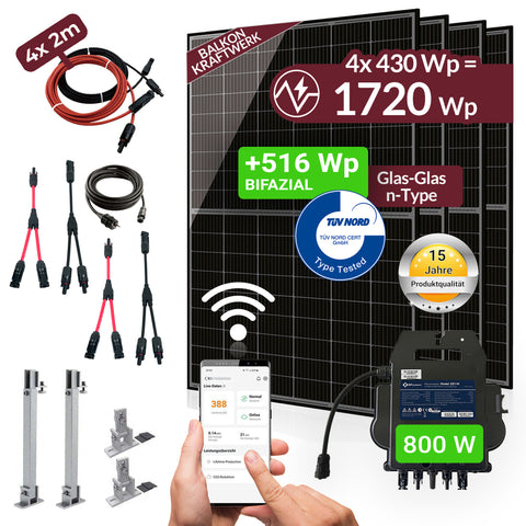 SUNOVA Balkonkraftwerk 1720W Komplettset – 4×430W bifaziale Glas-Glas Module, APsystems EZ1-M Wechselrichter & PVH 60 Halterung