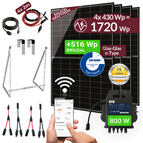 SUNOVA Balkonkraftwerk 1720W mit 4×430W bifazialen Glas-Glas Modulen, APsystems Wechselrichter & PVH 120 Halterung