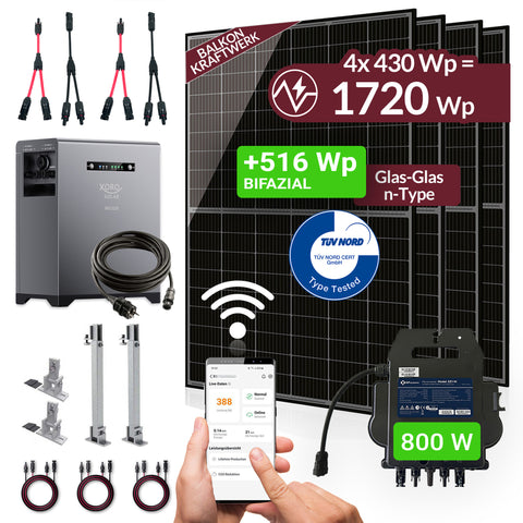XORO SOLAR - Sunova Plug & Play Balkonkraftwerk 1720W mit 2016Wh Solarspeicher SPS 2155 – Update Oktober 2025, 5 m Schutzkontaktkabel & PVH 60 Halterung – Für Balkon, Terrasse & Garten