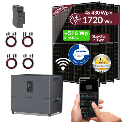 MARSTEK Balkonkraftwerk 1720W Komplettset mit 4× Sunova 430W bifazialen Modulen, Jupiter C Plus 2,56 kWh Solarspeicher inkl. JC+ B2500 Erweiterungsbatterie und CT002 Smart Meter