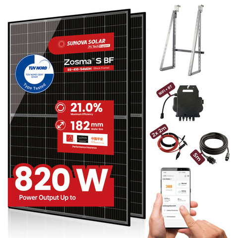 Balkonkraftwerk mit 2x410W Solarmodule der Marke Sunova Solar SS-410-54MDH, 800W Wechselrichter APsystems EZ1-M, 5m Schutzkontaktkabel, 2 x 2m DC Kabel, mit Halterung