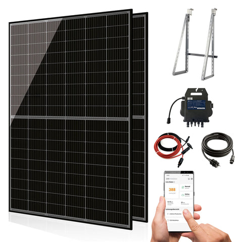 Balkonkraftwerk mit 2x410W Solarmodule der Marke Sunova Solar SS-410-54MDH, 800W Wechselrichter APsystems EZ1-M, 5m Schutzkontaktkabel, 4 x 2m DC Kabel, mit Halterung