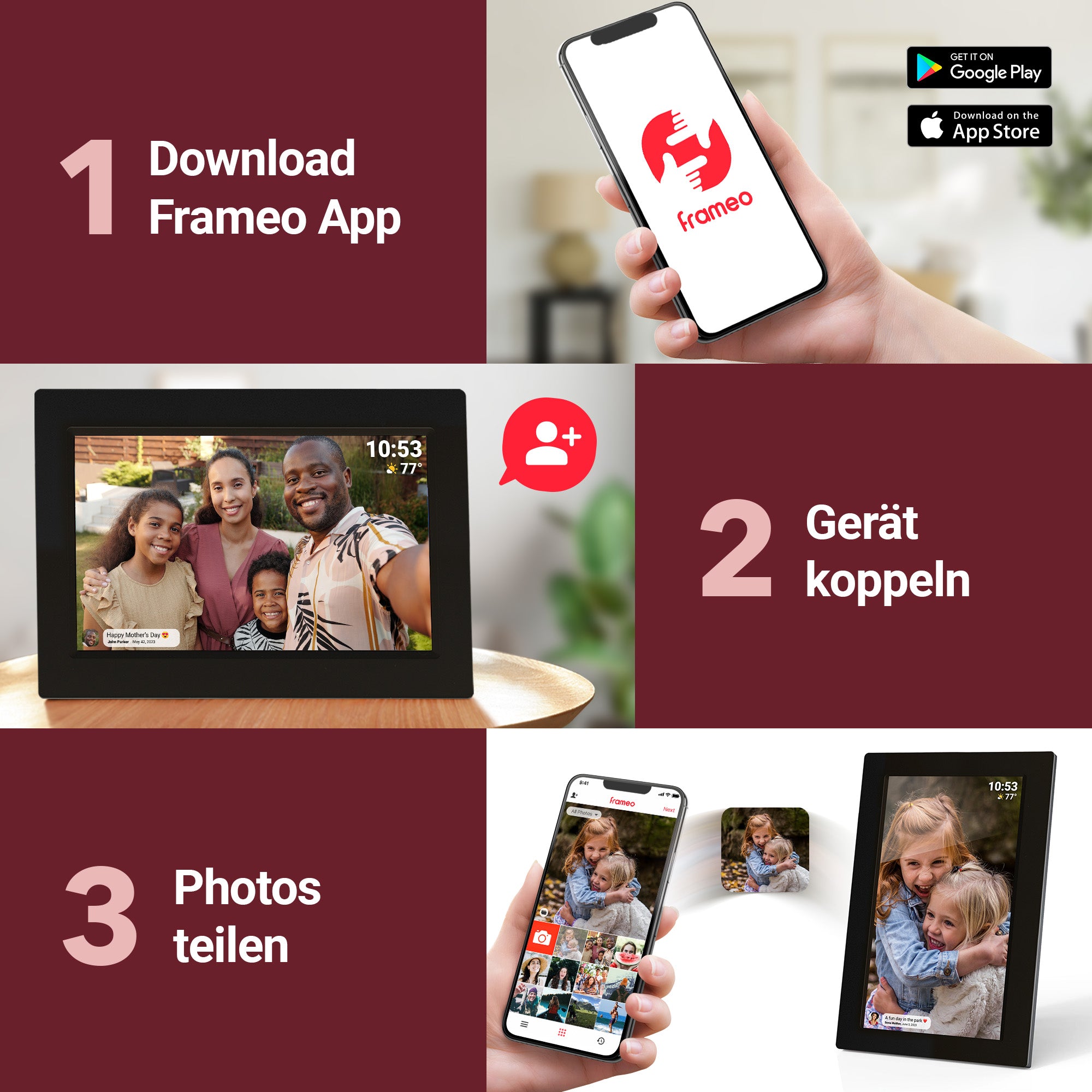 XORO CPF 10C1/C2 Digitaler Bilderrahmen 10.1 Zoll, mit WLAN, Frameo App und Touchdisplay