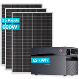 SUNSHARE Ray Lite Balkonkraftwerk mit drei Solarmodulen à 200 W und Glory Stromspeicher mit 1,5 kWh Kapazität.