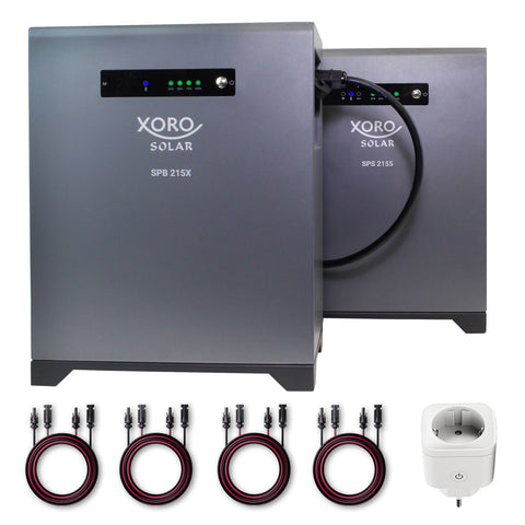 XORO SOLAR SPS 2155 Solarspeicher mit SPB 215X Erweiterung, 16A2 Smart Plug, 4 kWh Gesamtleistung, LiFePO4 Akku, Dual MPPT 2x800W Eingang, 800W Ausgang für den Innen- und Außenbereich IP65, Plug & Play