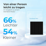 SUNSHARE Ray 285 W Solarmodul im Größenvergleich, leicht zu tragen und kompakter als ein Standard-Modul