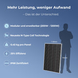 SUNSHARE Ray Lite 200-W-Solarmodul mit 25 % Effizienz, N-Type-Zelltechnologie, IP68-Schutz und modularer Erweiterung bis 1.200 W.