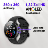 XINJI N2 - SmartWatch mit Bluetooth, Touchpanel, Puls-/HRV-/Blutsauerstoff-Messung, Schlafmonitor, Musikspeicher Dreh-und Druckknopf Schwarz