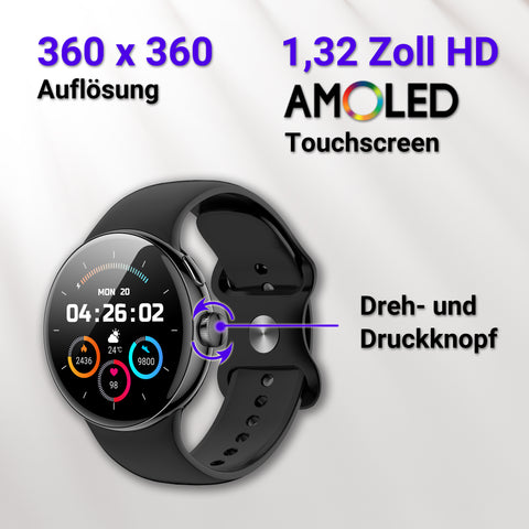 XINJI N2 - SmartWatch mit Bluetooth, Touchpanel, Puls-/HRV-/Blutsauerstoff-Messung, Schlafmonitor, Musikspeicher Dreh-und Druckknopf Schwarz