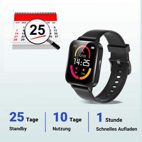 XINJI C1 Black Smart-Uhr mit Bluetooth, Touchpanel, Puls-/Blutsauerstoff-Messung, Schlafmonitor, Kalorien-/Schrittzähler, Benachrichtigungsfunktion, App, 5ATM Wasserdicht